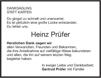 Traueranzeige von Heinz Prüfer von NWZ Neue Württembergische Zeitung