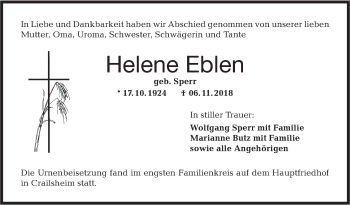 Traueranzeige von Helene Eblen von Hohenloher Tagblatt