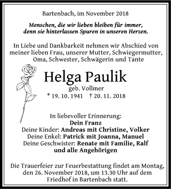 Traueranzeige von Helga Paulik von NWZ Neue Württembergische Zeitung