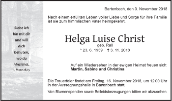 Traueranzeige von Helga Luise Christ von NWZ Neue Württembergische Zeitung