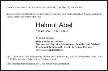 Traueranzeige von Helmut Abel von Hohenloher Tagblatt