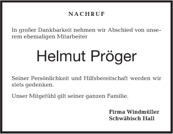 Traueranzeige von Helmut Pröger von Haller Tagblatt