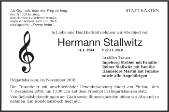 Traueranzeige von Hermann Stallwitz von Hohenloher Tagblatt