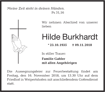 Traueranzeige von Hilde Burkhardt von Hohenloher Tagblatt