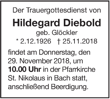 Traueranzeige von Hildegard Diebold von SÜDWEST PRESSE Ausgabe Ulm/Neu-Ulm