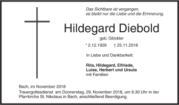 Traueranzeige von Hildegard Diebold von SÜDWEST PRESSE Ausgabe Ulm/Neu-Ulm