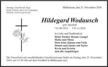 Traueranzeige von Hildegard Wodausch von Haller Tagblatt