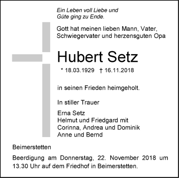 Traueranzeige von Hubert Setz von SÜDWEST PRESSE Ausgabe Ulm/Neu-Ulm