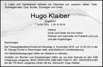 Traueranzeige von Hugo Klaiber von SÜDWEST PRESSE Ausgabe Ulm/Neu-Ulm