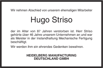 Traueranzeige von Hugo Striso von Geislinger Zeitung