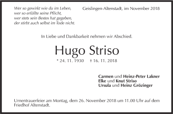 Traueranzeige von Hugo Striso von Geislinger Zeitung