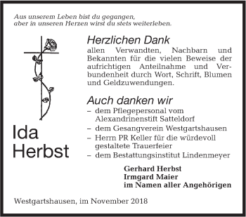 Traueranzeige von Ida Herbst von Hohenloher Tagblatt