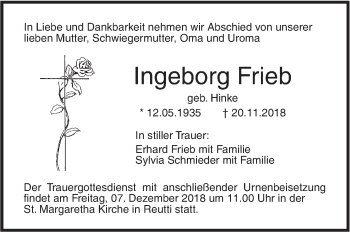 Traueranzeige von Ingeborg Frieb von SÜDWEST PRESSE Ausgabe Ulm/Neu-Ulm