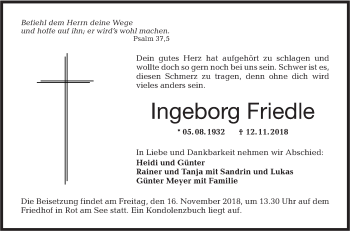 Traueranzeige von Ingeborg Friedle von Hohenloher Tagblatt