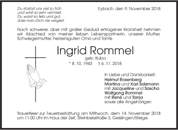 Traueranzeige von Ingrid Rommel von Geislinger Zeitung