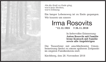 Traueranzeige von Irma Rosovits von Hohenloher Tagblatt