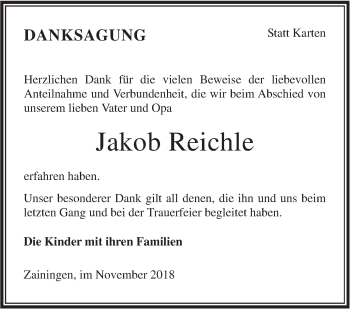 Traueranzeige von Jakob Reichle von Metzinger-Uracher Volksblatt