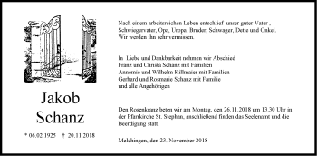 Traueranzeige von Jakob Schanz von Hohenzollerische Zeitung