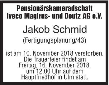 Traueranzeige von Jakob Schmid von SÜDWEST PRESSE Ausgabe Ulm/Neu-Ulm