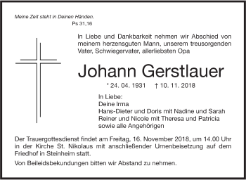 Traueranzeige von Johann Gerstlauer von SÜDWEST PRESSE Ausgabe Ulm/Neu-Ulm