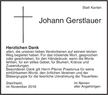 Traueranzeige von Johann Gerstlauer von SÜDWEST PRESSE Ausgabe Ulm/Neu-Ulm