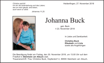 Traueranzeige von Johanna Buck von SÜDWEST PRESSE Ausgabe Ulm/Neu-Ulm