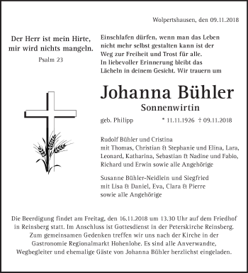 Traueranzeige von Johanna Bühler von Haller Tagblatt