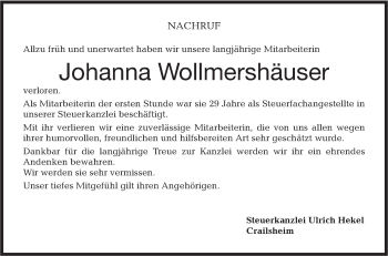 Traueranzeige von Johanna Wollmershäuser von Hohenloher Tagblatt