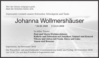 Traueranzeige von Johanna Wollmershäuser von Hohenloher Tagblatt