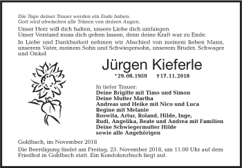 Traueranzeige von Jürgen Kieferle von Hohenloher Tagblatt