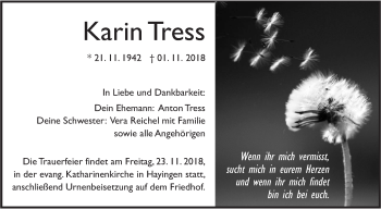 Traueranzeige von Karin Tress von Alb-Bote/Metzinger-Uracher Volksblatt