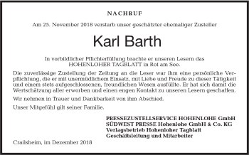 Traueranzeige von Karl Barth von Hohenloher Tagblatt