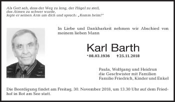 Traueranzeige von Karl Barth von Hohenloher Tagblatt