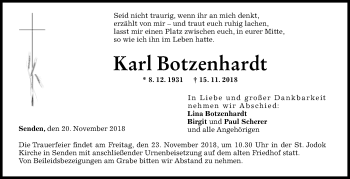 Traueranzeige von Karl Botzenhardt von SÜDWEST PRESSE Ausgabe Ulm/Neu-Ulm