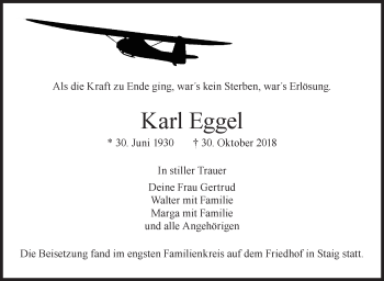 Traueranzeige von Karl Eggel von SÜDWEST PRESSE Ausgabe Ulm/Neu-Ulm