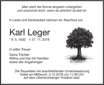 Traueranzeige von Karl Leger von SÜDWEST PRESSE Ausgabe Ulm/Neu-Ulm