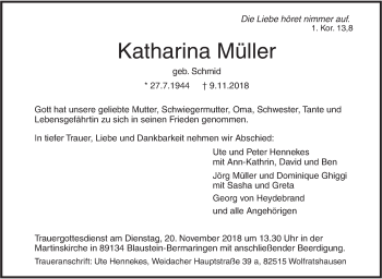 Traueranzeige von Katharina Müller von SÜDWEST PRESSE Ausgabe Ulm/Neu-Ulm