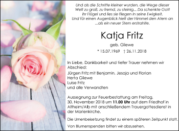 Traueranzeige von Katja Fritz von Geislinger Zeitung