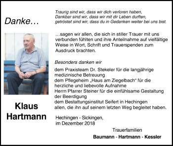 Traueranzeige von Klaus Hartmann von Hohenzollerische Zeitung