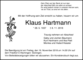 Traueranzeige von Klaus Hartmann von Hohenzollerische Zeitung