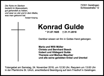 Traueranzeige von Konrad Gulde von Hohenzollerische Zeitung