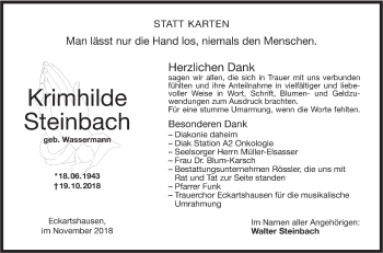 Traueranzeige von Krimhilde Steinbach von Haller Tagblatt/Rundschau Gaildorf