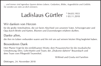 Traueranzeige von Ladislaus Gürtler von Haller Tagblatt