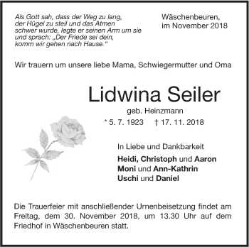 Traueranzeige von Lidwina Seiler von NWZ Neue Württembergische Zeitung