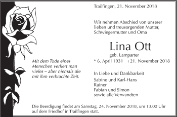 Traueranzeige von Lina Ott von Alb-Bote/Metzinger-Uracher Volksblatt