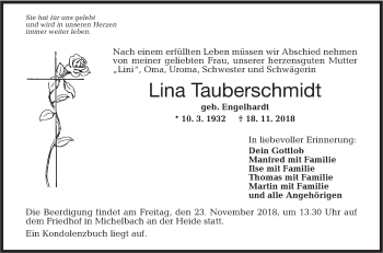 Traueranzeige von Lina Tauberschmidt von Hohenloher Tagblatt