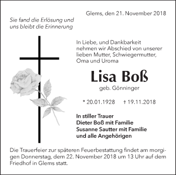 Traueranzeige von Lisa Boß von Metzinger-Uracher Volksblatt