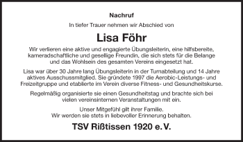 Traueranzeige von Lisa Föhr von Ehinger Tagblatt