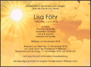 Traueranzeige von Lisa Föhr von SÜDWEST PRESSE Ausgabe Ulm/Neu-Ulm