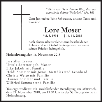 Traueranzeige von Lore Moser von SÜDWEST PRESSE Ausgabe Ulm/Neu-Ulm